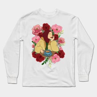 Floral Muslim woman in a cafe Long Sleeve T-Shirt